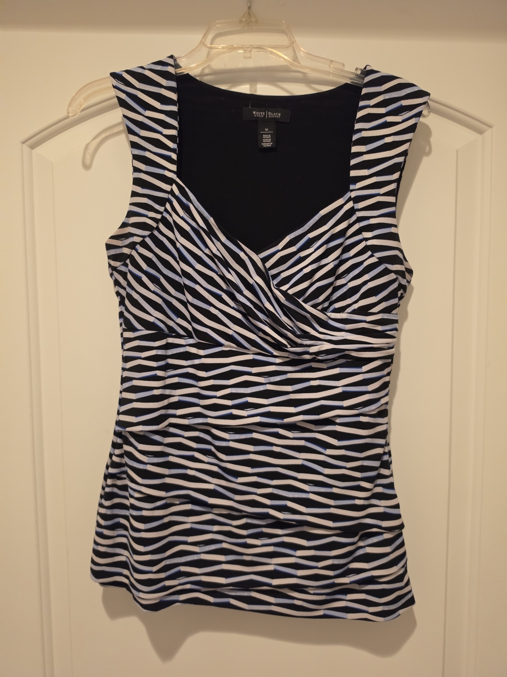 White House Black Market Navy & White Sleeveless Ruched Wrap Top